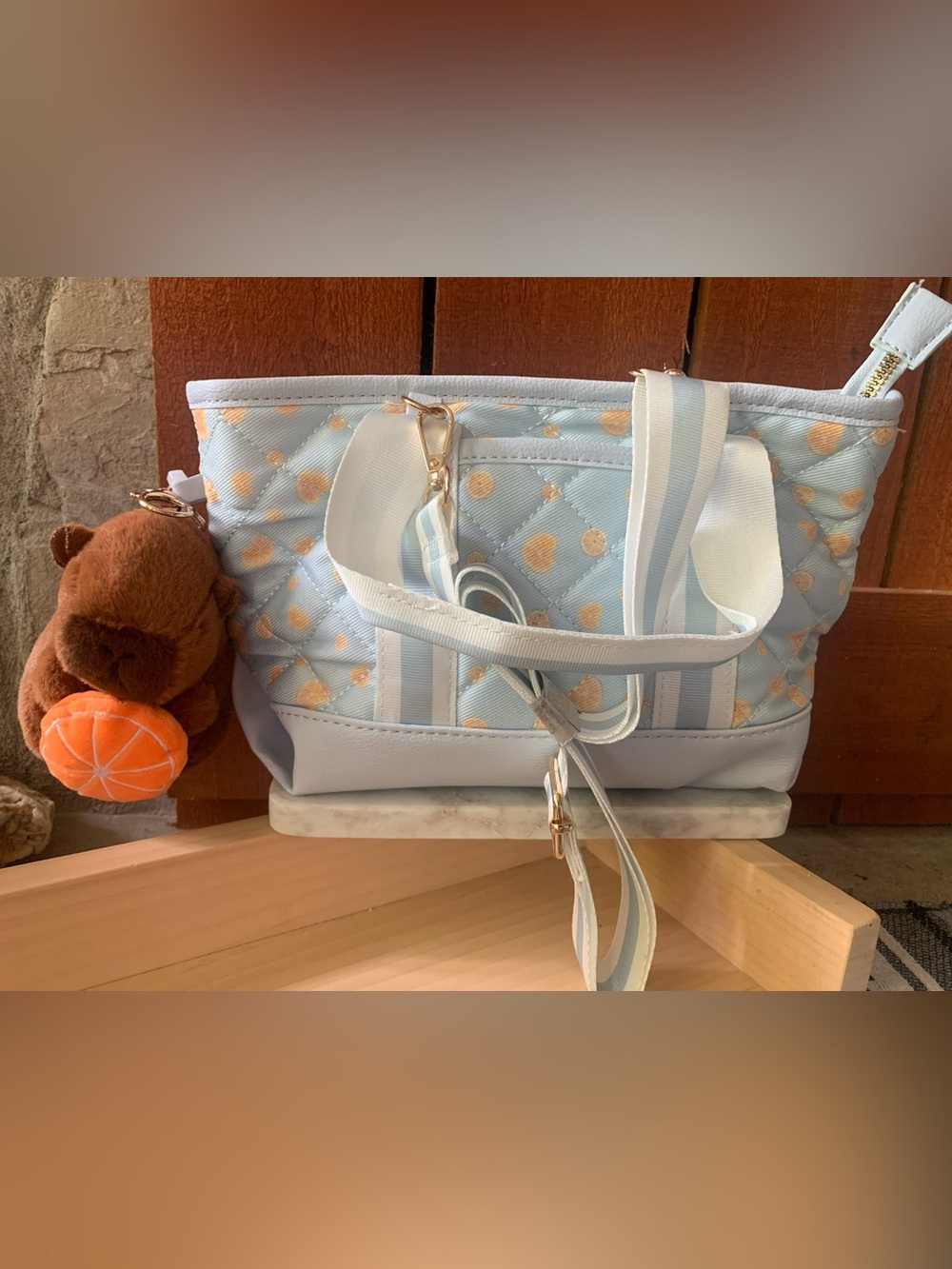 Under One Sky Girls Light Blue Quilted Mini Duffel Cross Body with Plushie